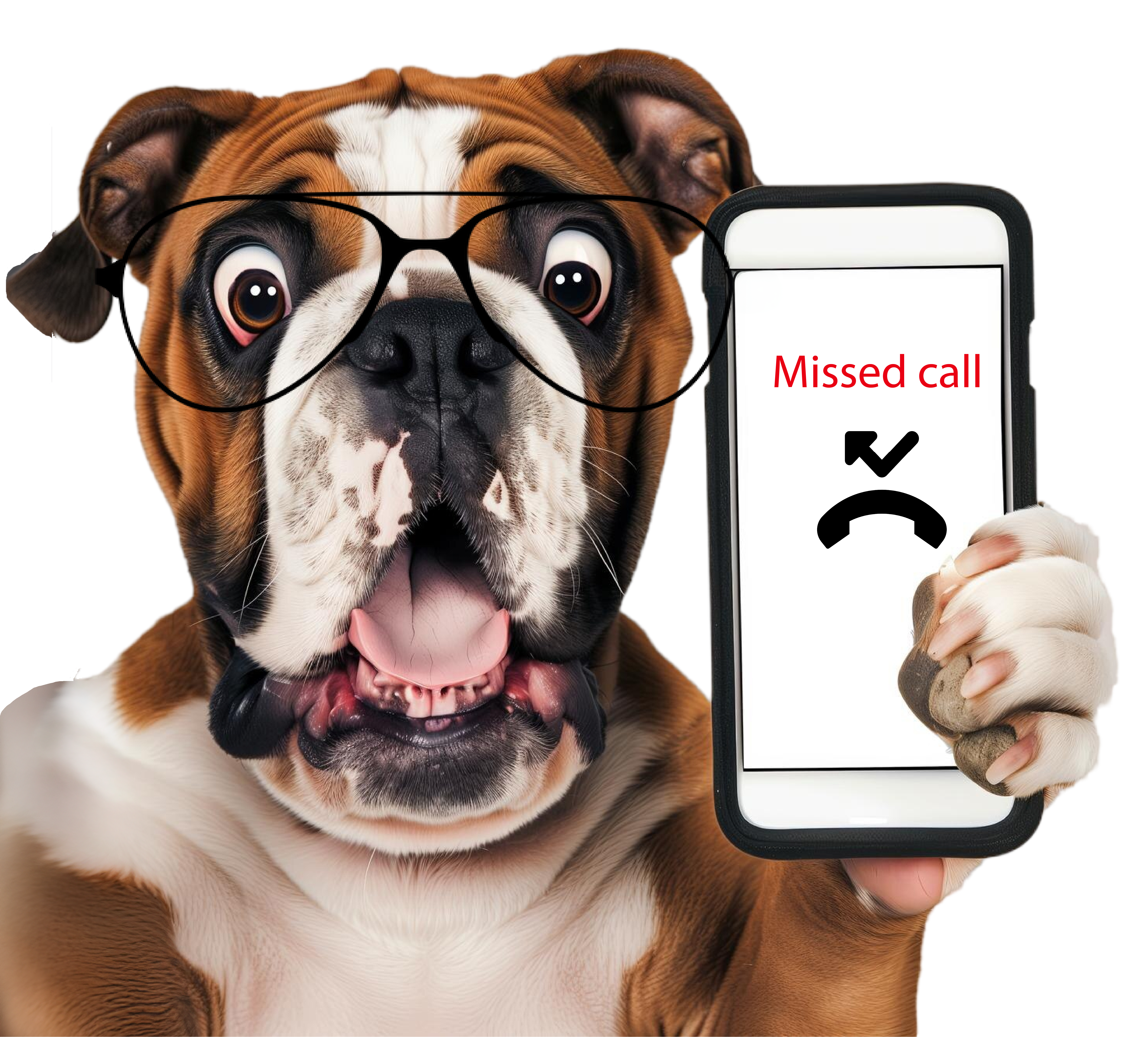 Dog holding a phone which is showing a missed call.