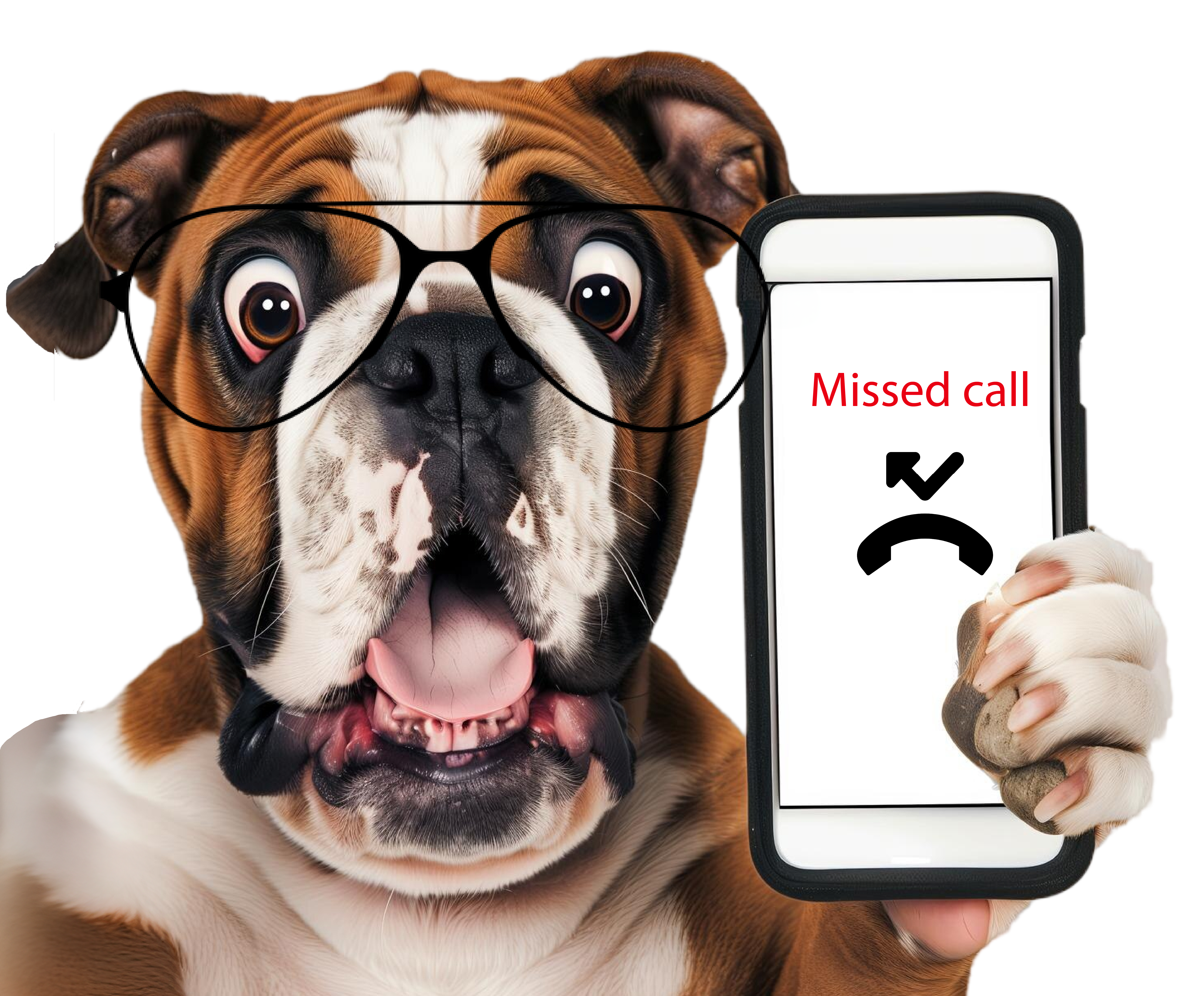 Dog holding a phone which is showing a missed call.