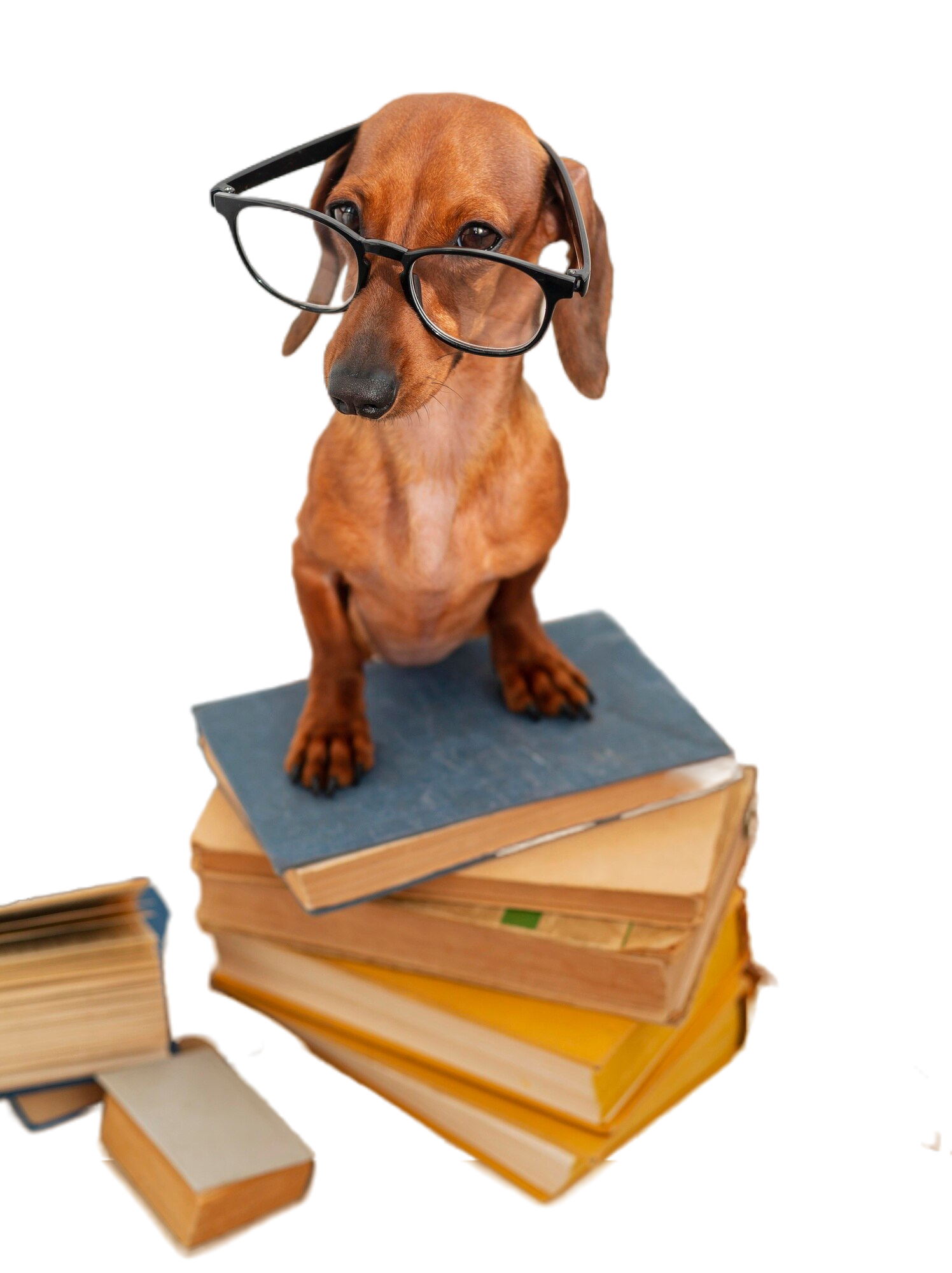 Dog with glasses, sitting on top of pile of books.
