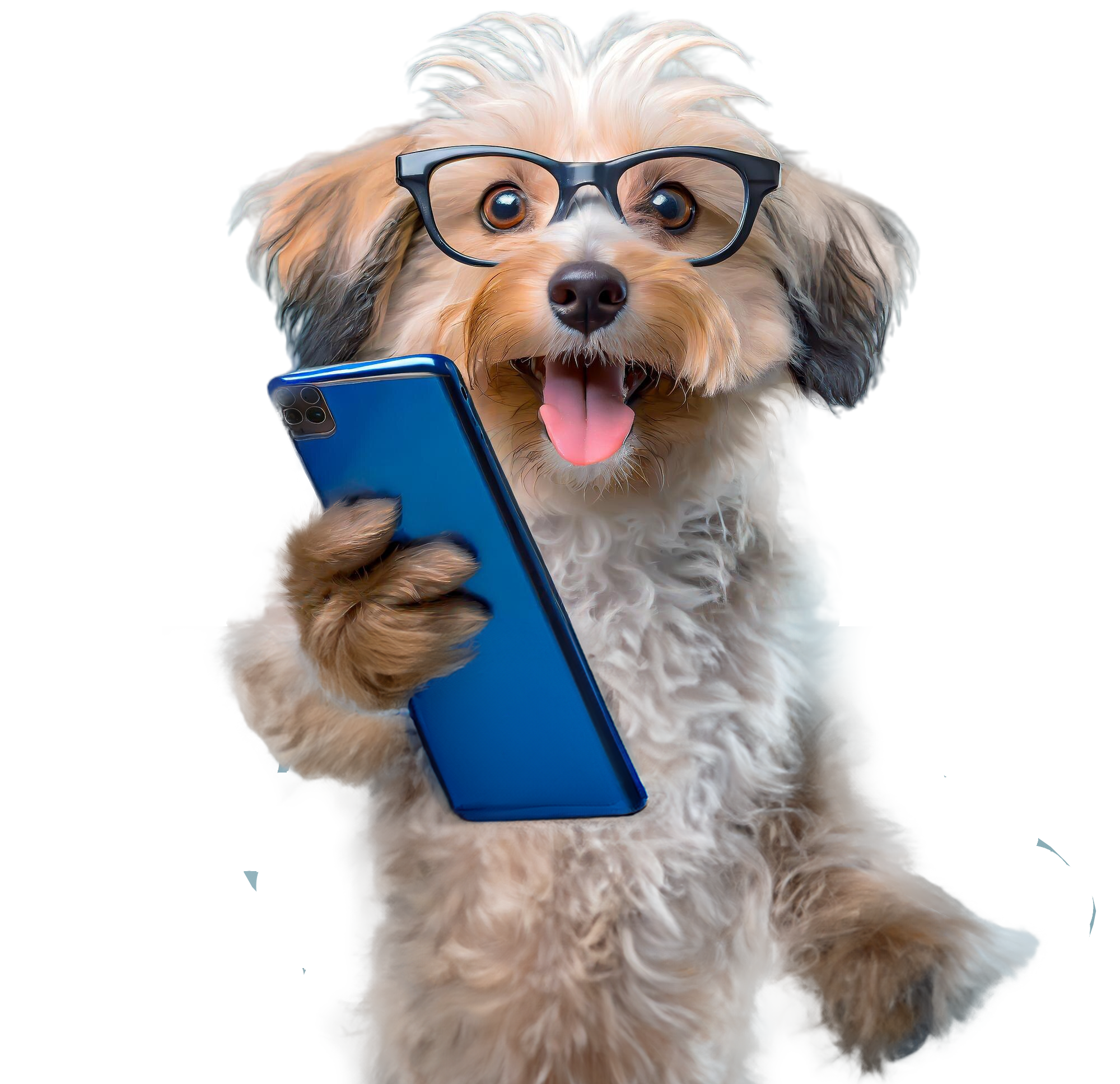 Dog wearing glasses, holding a mobile phone