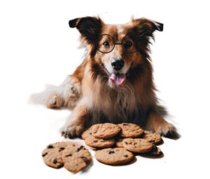 Happy dog, wearing glasses and sitting behind a pile of cookies.