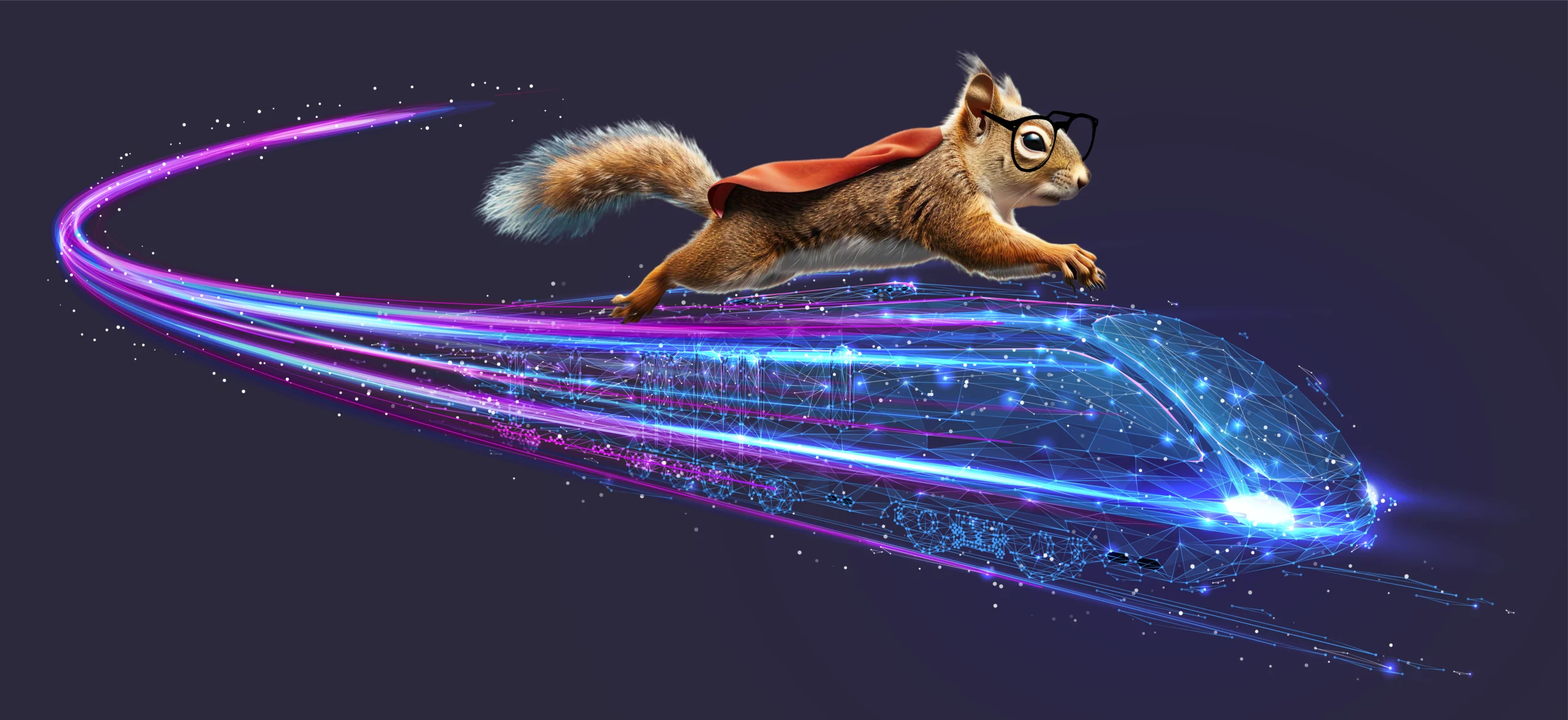 Squirrel riding a fast train.