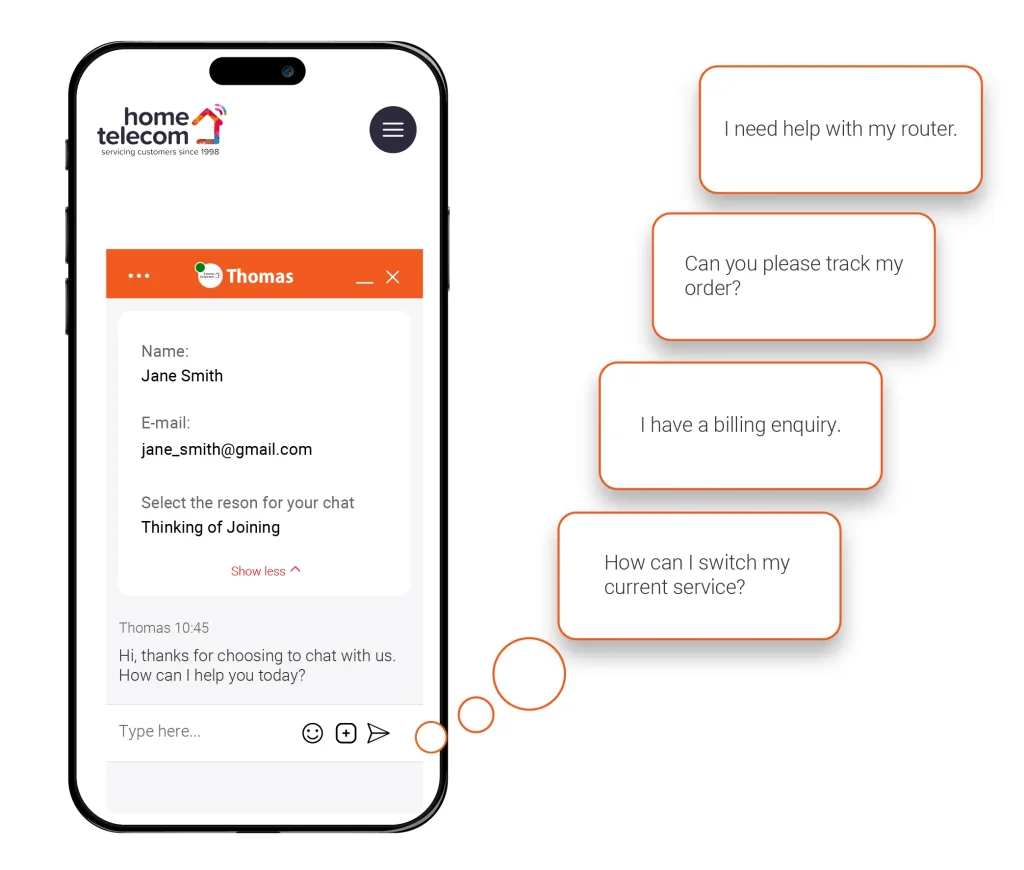 Home Telecom, Utility specialists, Contact us, Live chat