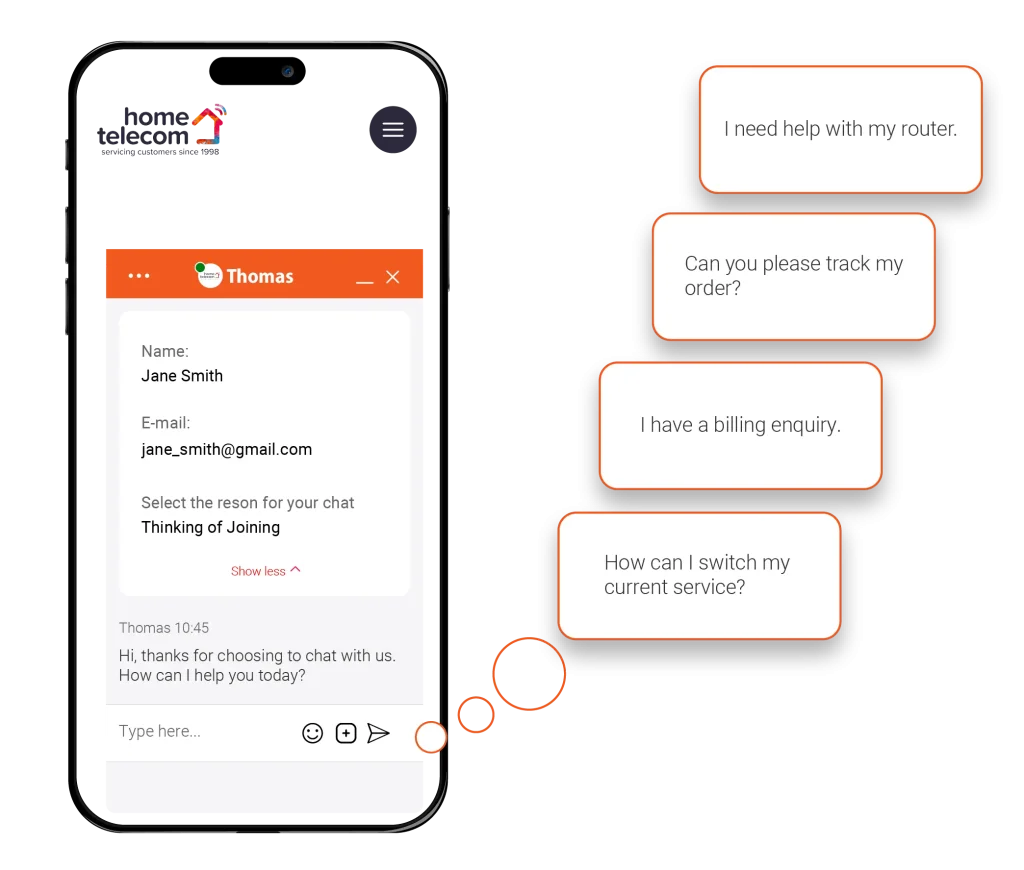 Home Telecom, Broadband and utility specialists, Help and Support, Live chat image
