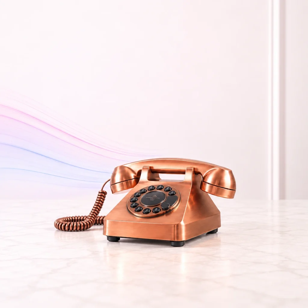 Vintage copper rotary telephone on a white table, representing the UK landline switch-off