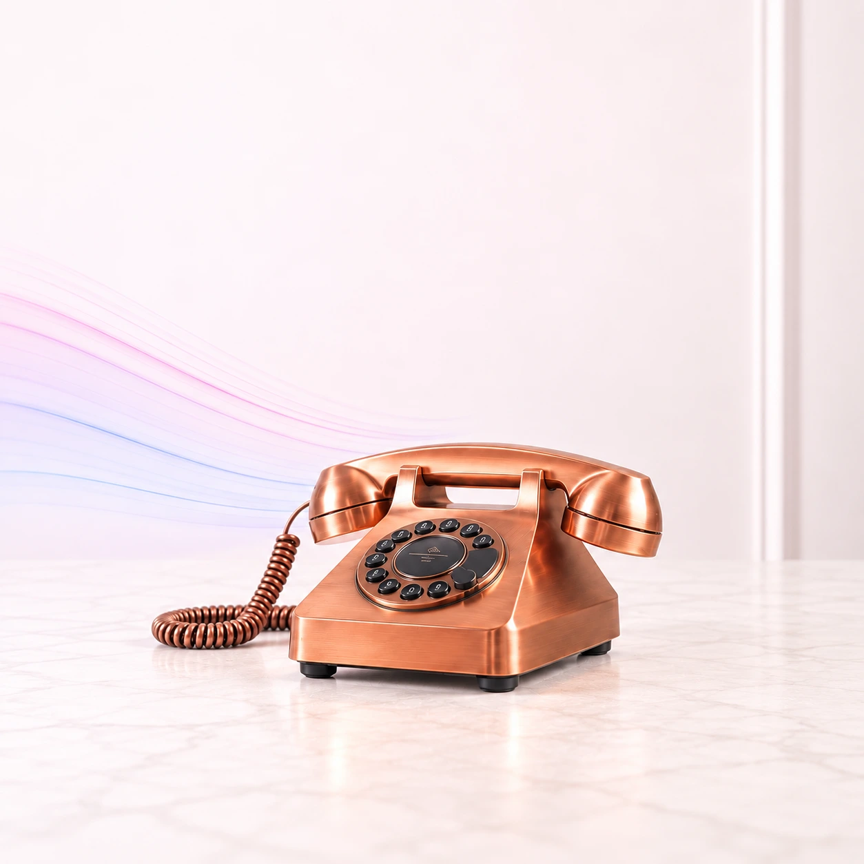 Vintage copper rotary telephone on a white table, representing the UK landline switch-off