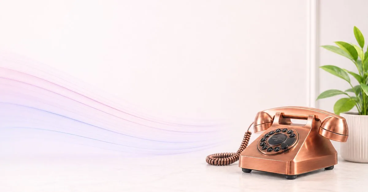 Vintage copper rotary telephone on a white table, representing the UK landline switch-off