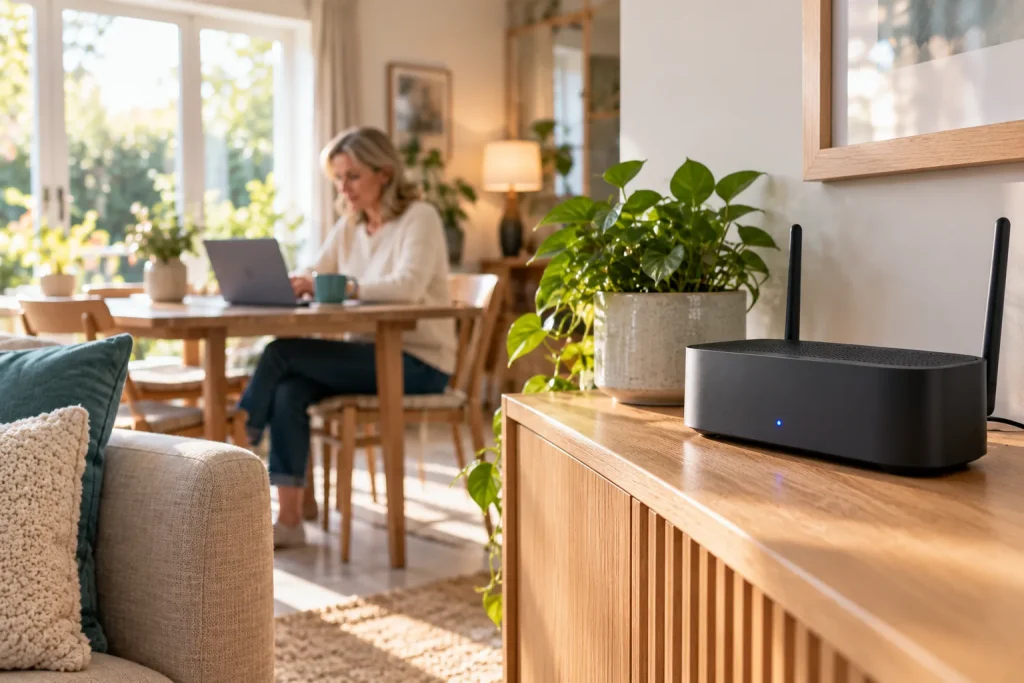 Woman working on a laptop at a dining table in a bright UK home, with a black broadband router showing a steady blue light on a sideboard in the foreground