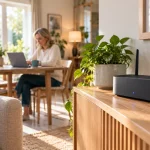 Woman working on a laptop at a dining table in a bright UK home, with a black broadband router showing a steady blue light on a sideboard in the foreground